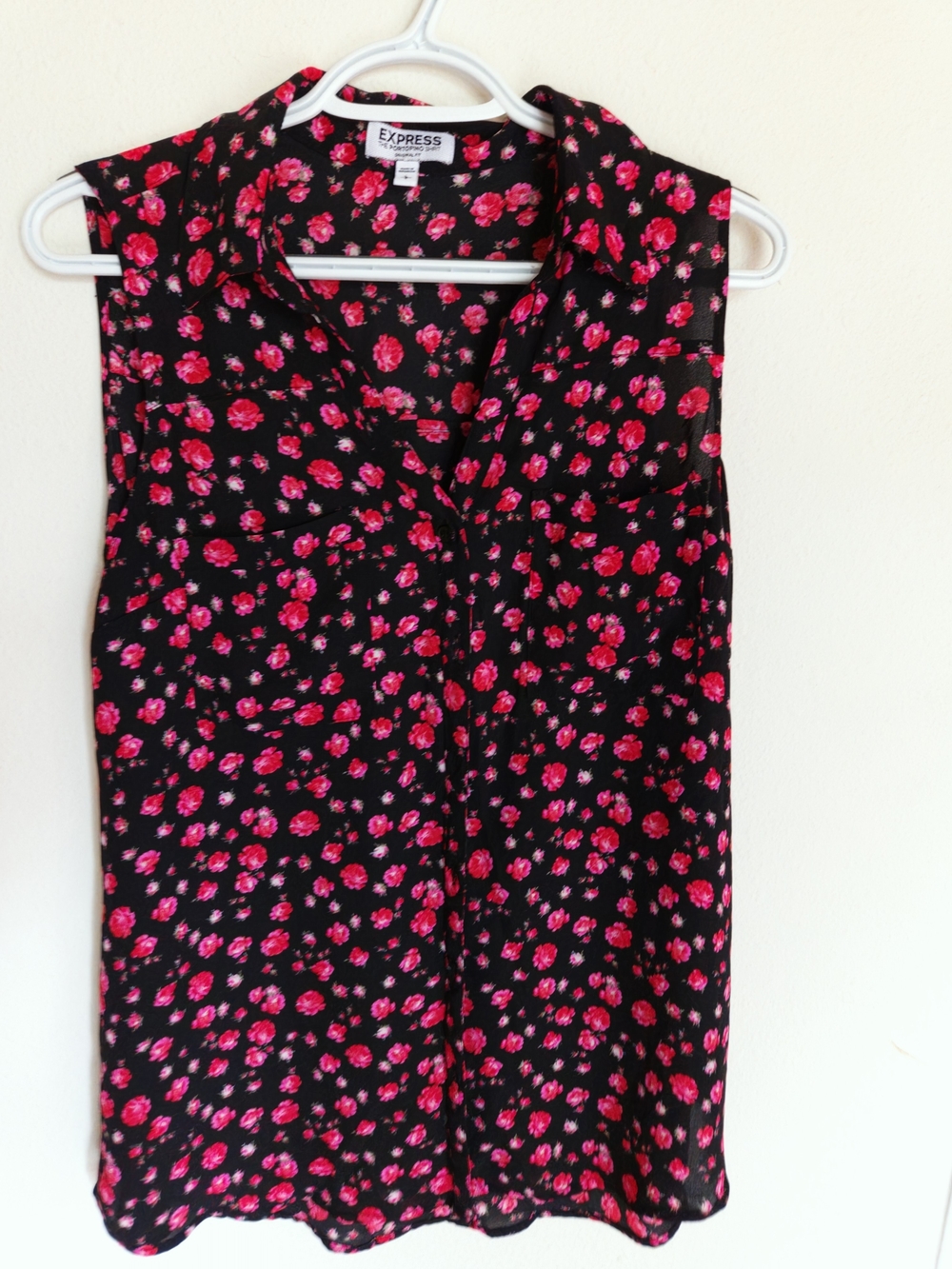 Express Black Sleeveless Blouse with Pink Rosel Print